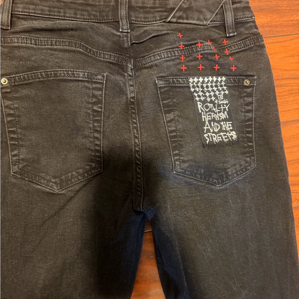Ksubi Black Slim Straight Jeans with Red Cross-Stitch and White Pocket Graphic - Picture 2 of 12